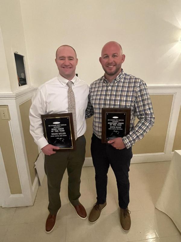 Sussex Central wrestling coaches Shane Miller and Justin Illian were honored as Head and Assistant Coaches of the Year. SUBMITTED PHOTO